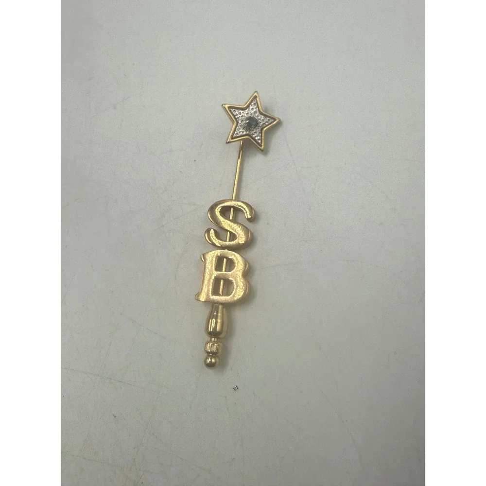 Vintage Avon Gold Tone Star Rhinestone Initial SB Stick Pin Lapel Hat Pin